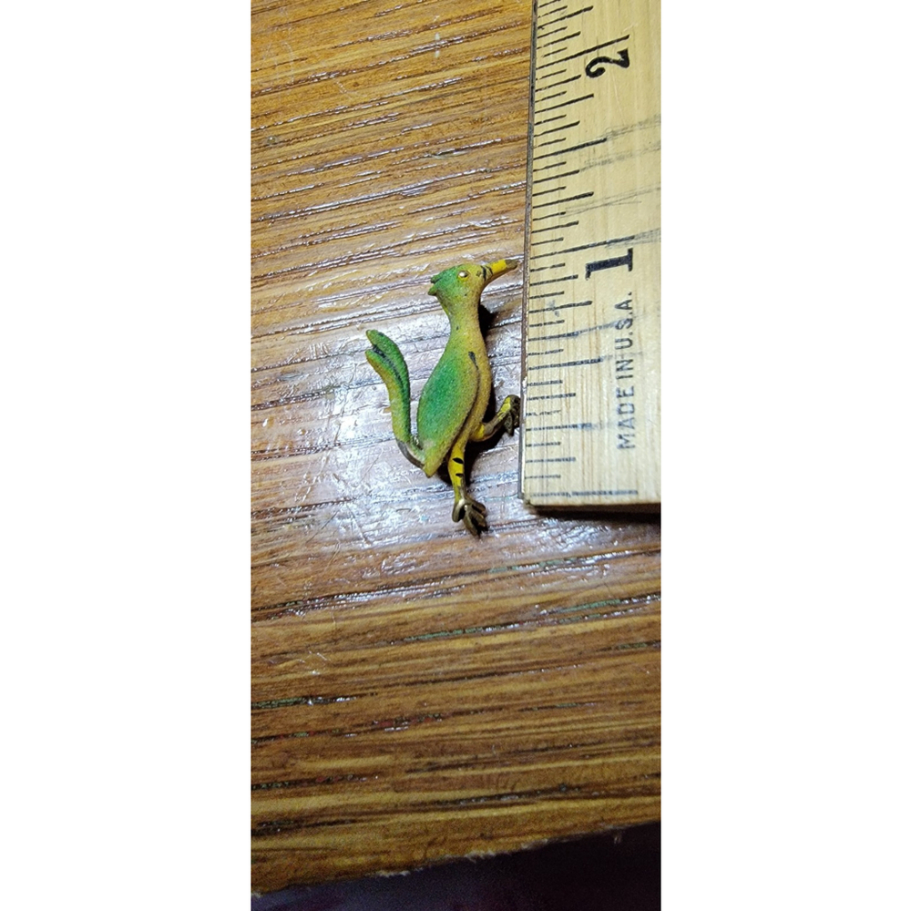 Roadrunner Running Bird Brooch Pin Vintage Korea Enamel Yellow Green